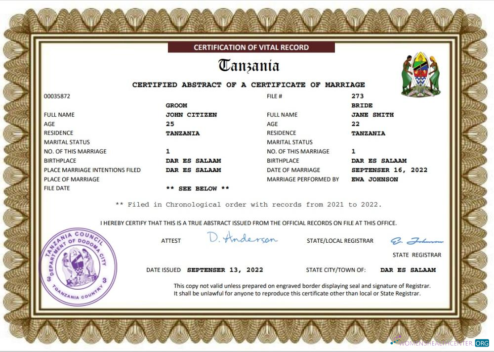 Download Tanzania marriage certificate Word and PDF template Photoshop template